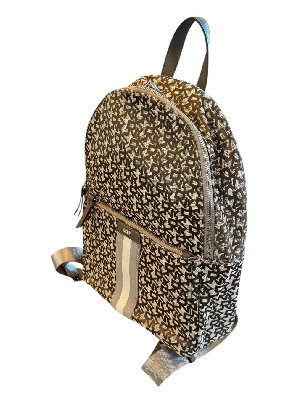 DKNY Monogram Logo Carlita Canvas Backpack in Beige Brown